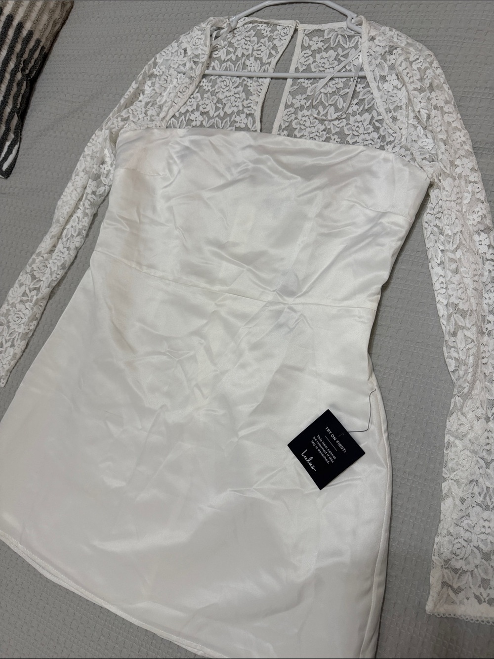 Lulu's Prettiest Behavior White Satin Lace Long Sleeve Mini Dress